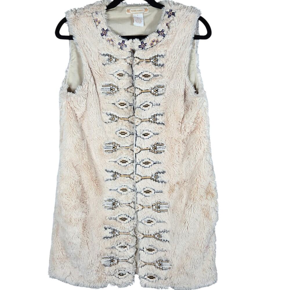 Flying Tomato Vest Womens Small Embroidered Faux Fur Aztec Boho Flyaway Festival
